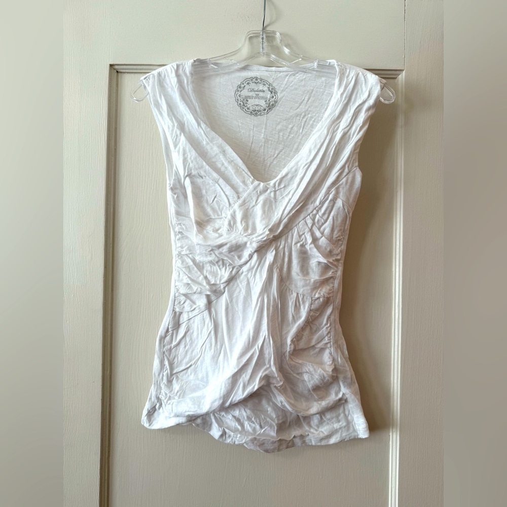 Anthropologie | Deletta White Ruched Sleeveless V-Neck Top Size X-Small